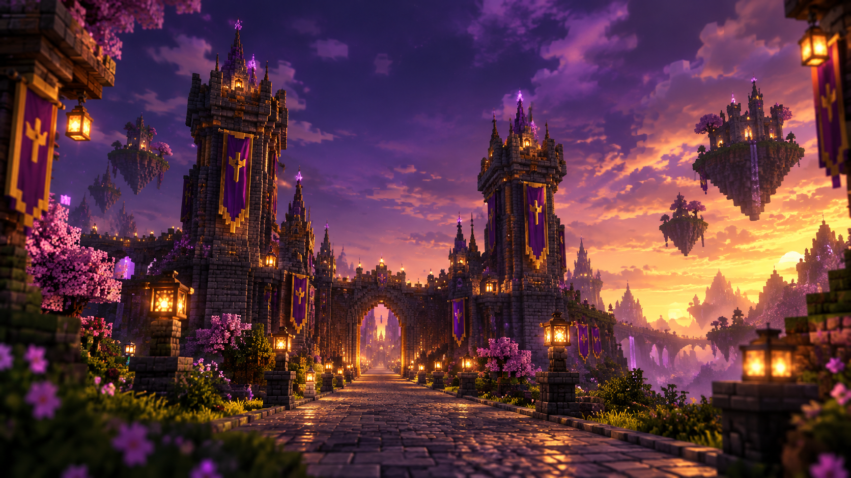 Fantasy Minecraft castle beneath a purple and gold sunset